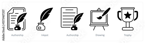 A set of 5 mix icons as authorship, inkpot, drawing
