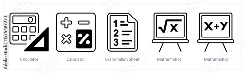A set of 5 mix icons as calculator, examination sheet, mathematics