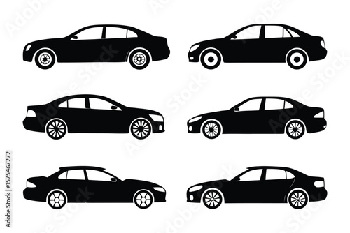 Elegant Silhouettes: Six sleek sedans in monochrome display their distinct profiles, showcasing various designs, a study in modern automotive aesthetics.