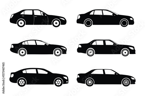 Silhouettes of Luxurious Vehicles: A collection of sleek black vehicles elegantly displayed against an environment. Perfect for design purposes, highlighting the aesthetic of transport and style.