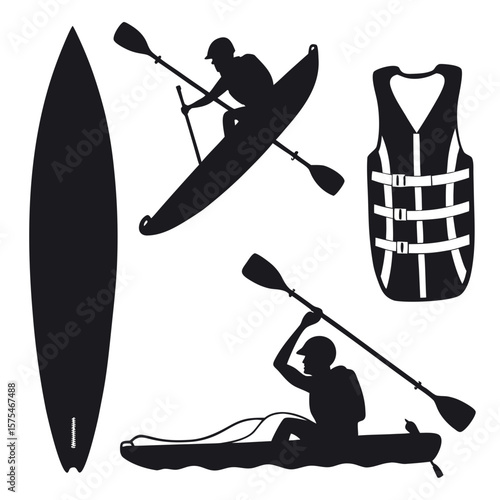 Kayaking paddleboarding life vest silhouettes black white