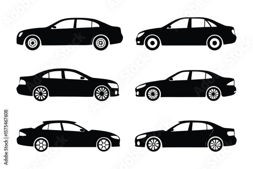 Silhouette of Car: An assortment of black car silhouettes, side views, capturing different modern automobile designs. 