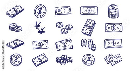 Money Cash Currency Icons Blue Sketch Icon Sets on Grid