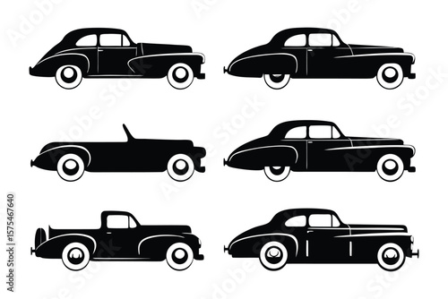 Vintage Car Silhouettes: A collection of stylish, classic automobiles in striking silhouette form, showcasing iconic designs from a bygone era.