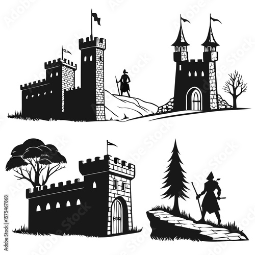 Medieval castles and guards silhouettes fortress