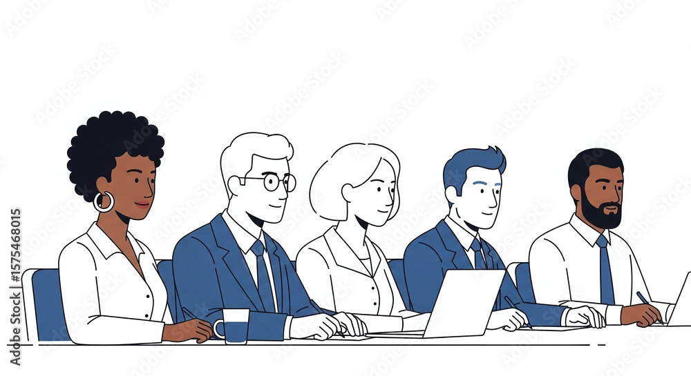 Diverse Business Team at Meeting: A simple, hand-drawn style illustration of a diverse team of business professionals sitting at a table, working and discussing during a meeting. Diverse Business Team at Meeting: A simple, hand-drawn style illustration of a diverse team of business professionals sitting at a table, working and discussing during a meeting.