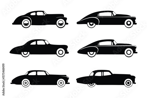 Retro Car Silhouette Set: Six unique retro car silhouettes showcases design and elegance of classic automobiles, each exuding vintage charm and a touch of nostalgic style.