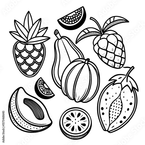 Pineapple strawberry plum papaya slices and whole fruits
