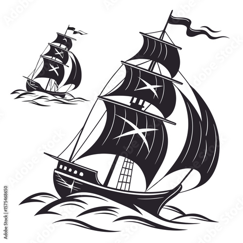 Pirate ships sailing through stormy seas waves