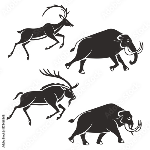Prehistoric animals running black silhouette cave painting