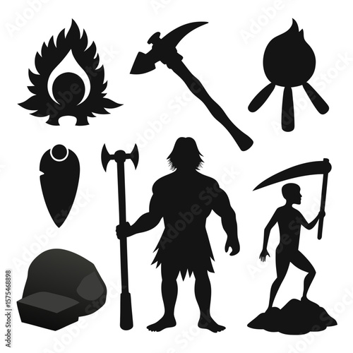 Prehistoric figures and tools caveman woman