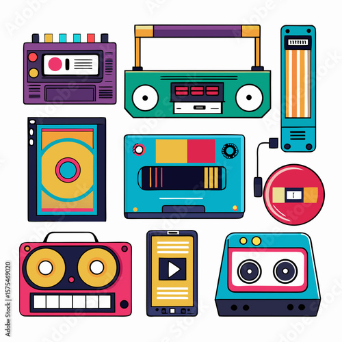 Retro electronic gadgets and audio devices vintage