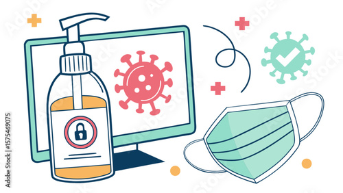 Illustration of hygiene products and virus on computer screen for covid prevention tips online now