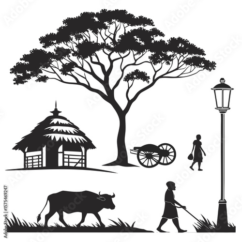 Rural village scene silhouettes tree