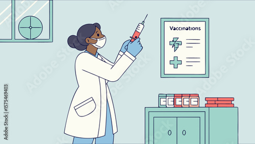 Vaccination clinic doctor preparing vaccine injection for disease prevention and healthcare immunization drive