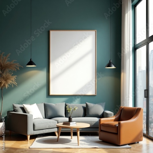 Modern living room interior with gray sofa brown armchair and blank frame mockup for artwork display