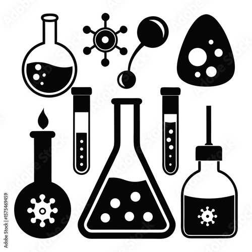 Science lab equipment icons flask beaker