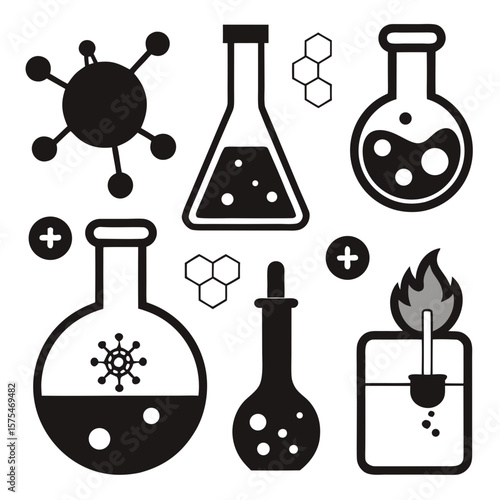 Science laboratory icons with flasks and molecules
