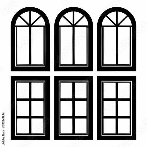 Six black window frames with different shapes silhouette