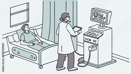 Doctor examining patient in hospital bed with medical equipment and monitor for diagnosis and treatment