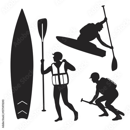 Stand up paddleboarders and equipment silhouettes life vest