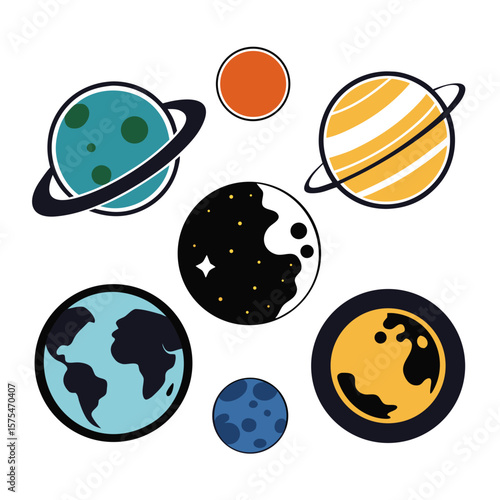 Stylized celestial bodies and planets moons space