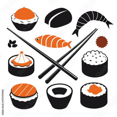 Sushi assortment with chopsticks and fish sashimi shrimp