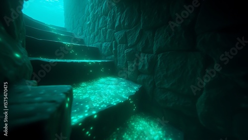 Eerie Underwater Ruins - Mysterious Stone Staircase with Glowing Bioluminescent Lights, Fantasy Concept for Adventure Games and Visual Effects