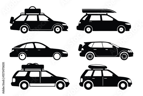 Black Silhouette Car Collection: A collection of six stylized car silhouettes, each conveying the essence of transport and travel with varying designs and rooftop storage options.
