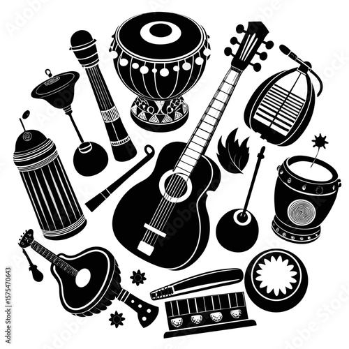 Traditional musical instruments collection black silhouette