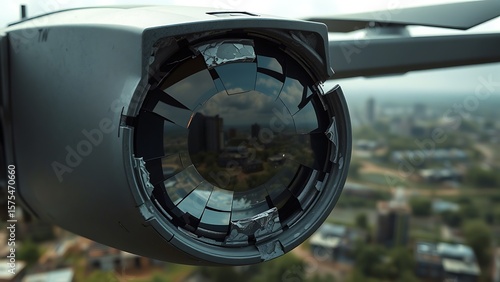 Close-up View of Damaged Drone Camera Lens Reflecting Blurred Cityscape, Conceptual of Surveillance Issues and Technological Vulnerability, with Emphasis on Detailed Texture and Abstract Composition