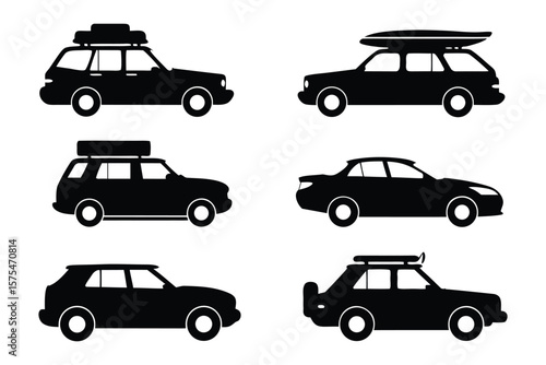 Silhouette of Travel Vehicles: A collection of sleek, dark-colored travel vehicles, offering a range of transportation choices with luggage carriers for journeys.