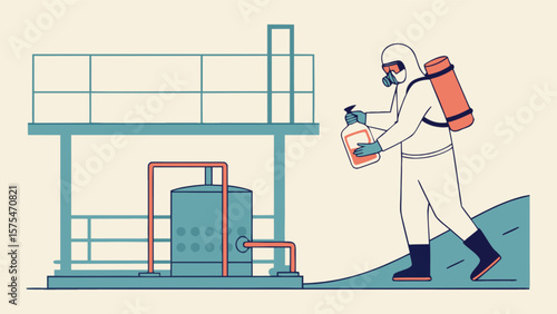 Hazardous material cleanup hazmat suit worker spraying chemical cleaning agent at industrial site area safety