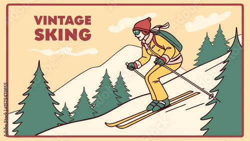 Vintage skiing poster art illustration of woman skier on mountain slope with pine trees and snow scene