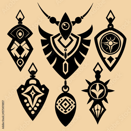 Tribal necklace pendants ornate black silhouettes vector