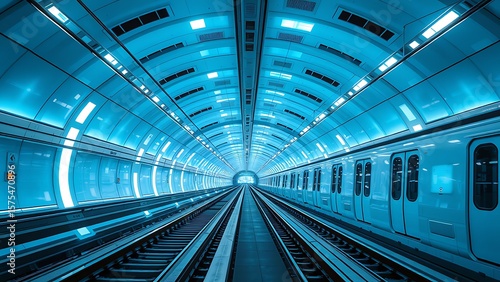 Futuristic Subway Station - Clean and Modern Public Transportation in Blue Tones for Technology and Urban Design Projects, Featuring Smooth Lines and Bright Lighting.
