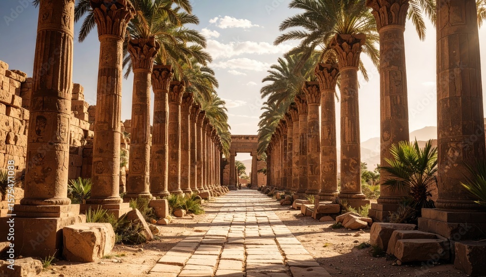 Fototapeta premium Ancient columns, desert path, sunlight
