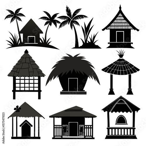 Tropical village huts and palm trees houses cottages