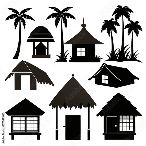 Tropical village huts and palm trees cottages bungalows