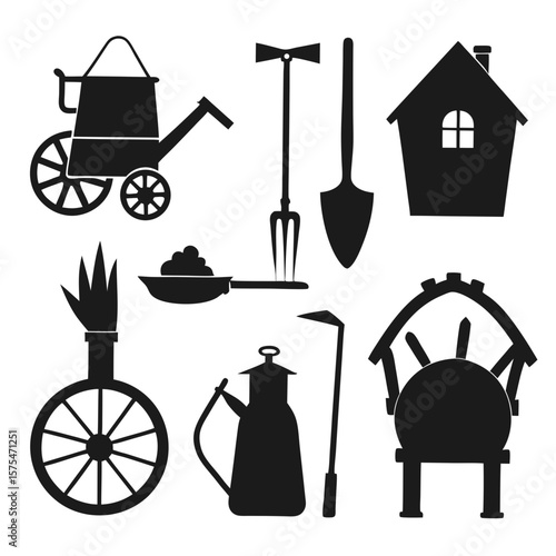 Village tools and house silhouettes black