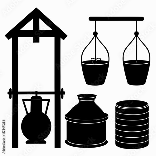 Village well and water containers water buckets water jar