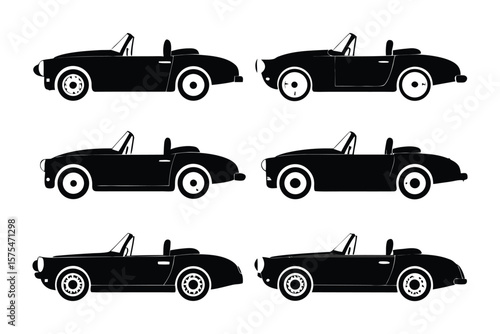 Classic Roadster Silhouette: Set of black vintage roadsters showcasing timeless design and elegance, exuding a sense of nostalgia and adventure.