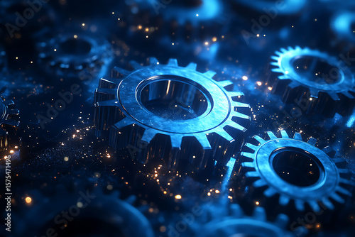 Metallic gears glowing blue with golden sparks cogwheels