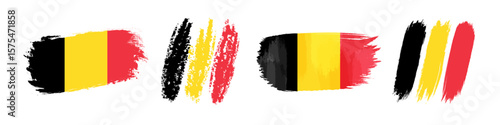 Set of artistic hand drawn style shapes in the colors of Belgian flag. Creative flags of Belgium. Clip art collection. Isolated design