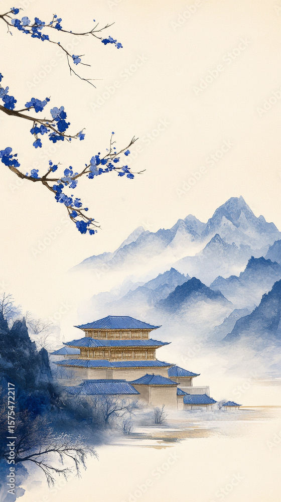 Traditional Chinese Landscape Painting with Mountains and Temple Traditional Chinese Landscape Painting with Mountains and Temple