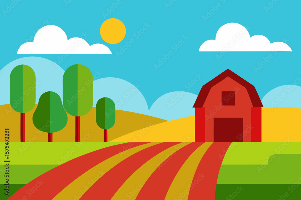 Fototapeta premium Cartoon Farm Fields with Red Barn Landscape