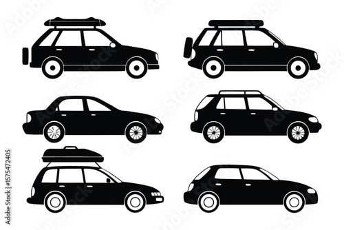 Transportation Silhouette Set: A collection of sleek, monochrome vehicle silhouettes showcasing diverse car styles. Featuring hatchbacks, sedans, and SUVs, each car is presented with a clean.