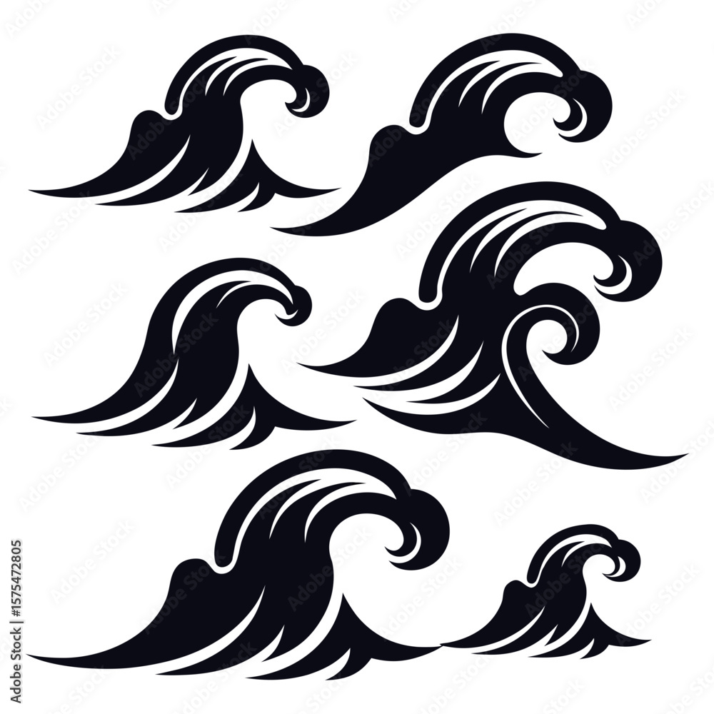 Naklejka premium Stylized ocean waves cresting and curling water surf
