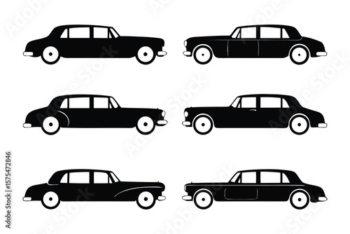 Classic Sedan Variety: Six stylized, sleek black sedans are artfully arranged, showcasing diverse designs and a uniform color palette, evoking a sense of elegance and sophistication in transport.