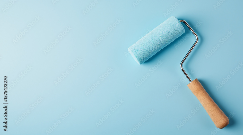 Obraz premium Light Blue Background with a Paint Roller Ready for Home Improvement Projects